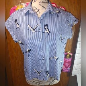 Med. Zara Basic Striped Button-Up Shirt with Bird Print